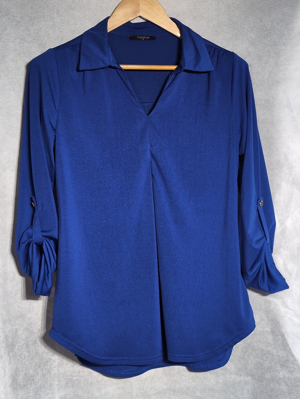 Valolia Royal Blue Sz M Collared V-Neck Roll-Sleeve Women's Top